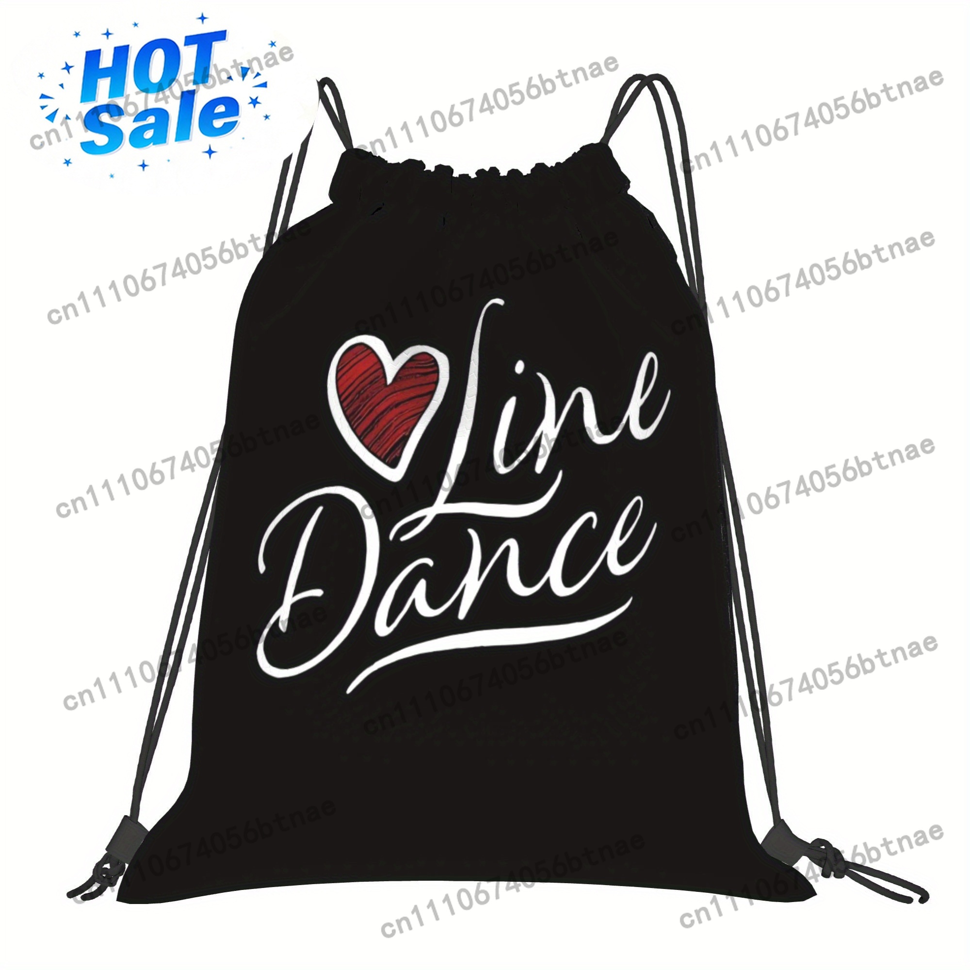 Drawstring Gym Bag - LOVE ラインダンス巾着バッグ - ブラックに白のハートと文字、ソフトシェルジムスポーツトラベルバックパック、洗濯機で洗えるカスケットバッグ