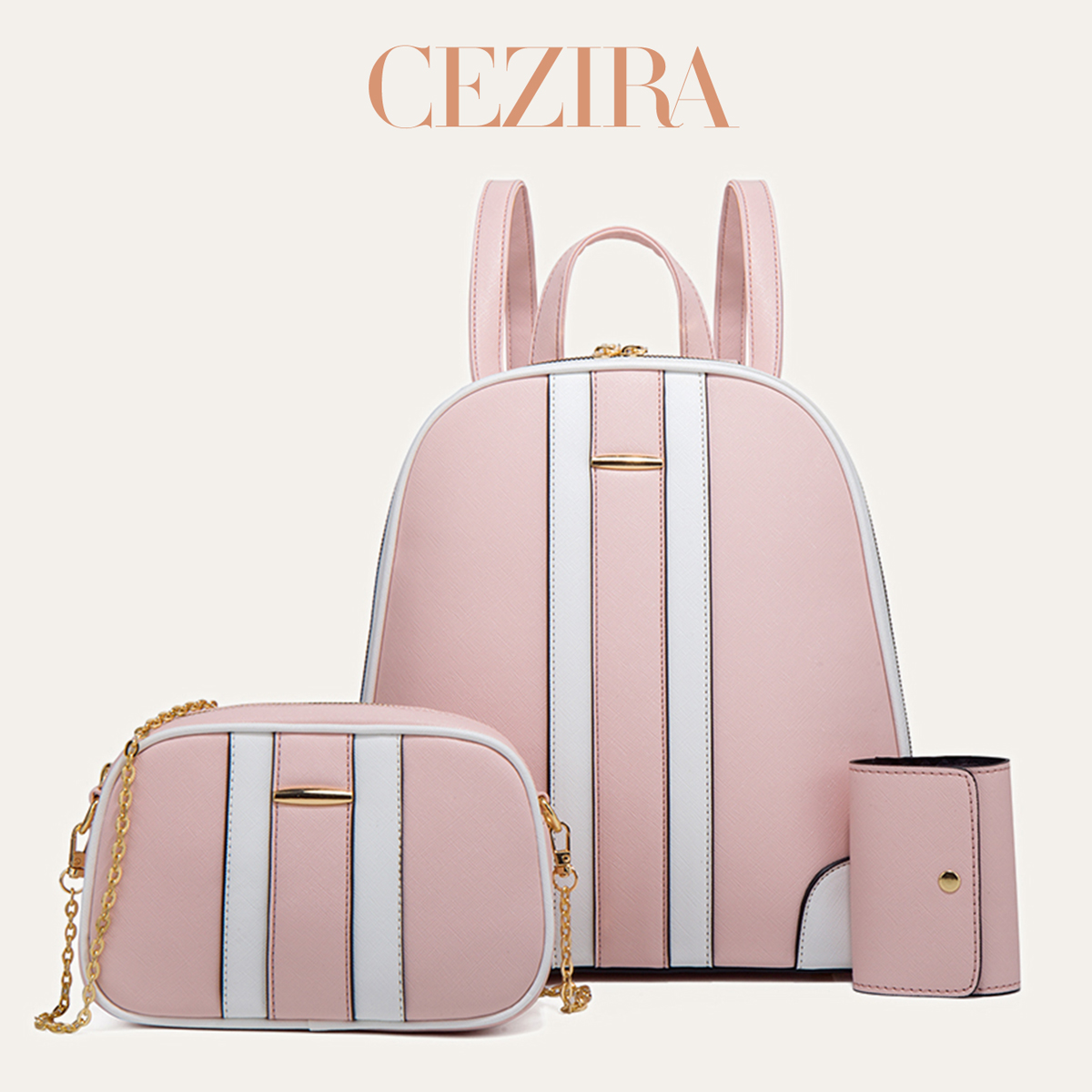 Fashion Backpack Women - CR ファッション ストライプ パッチワーク バックパックセット レディース
